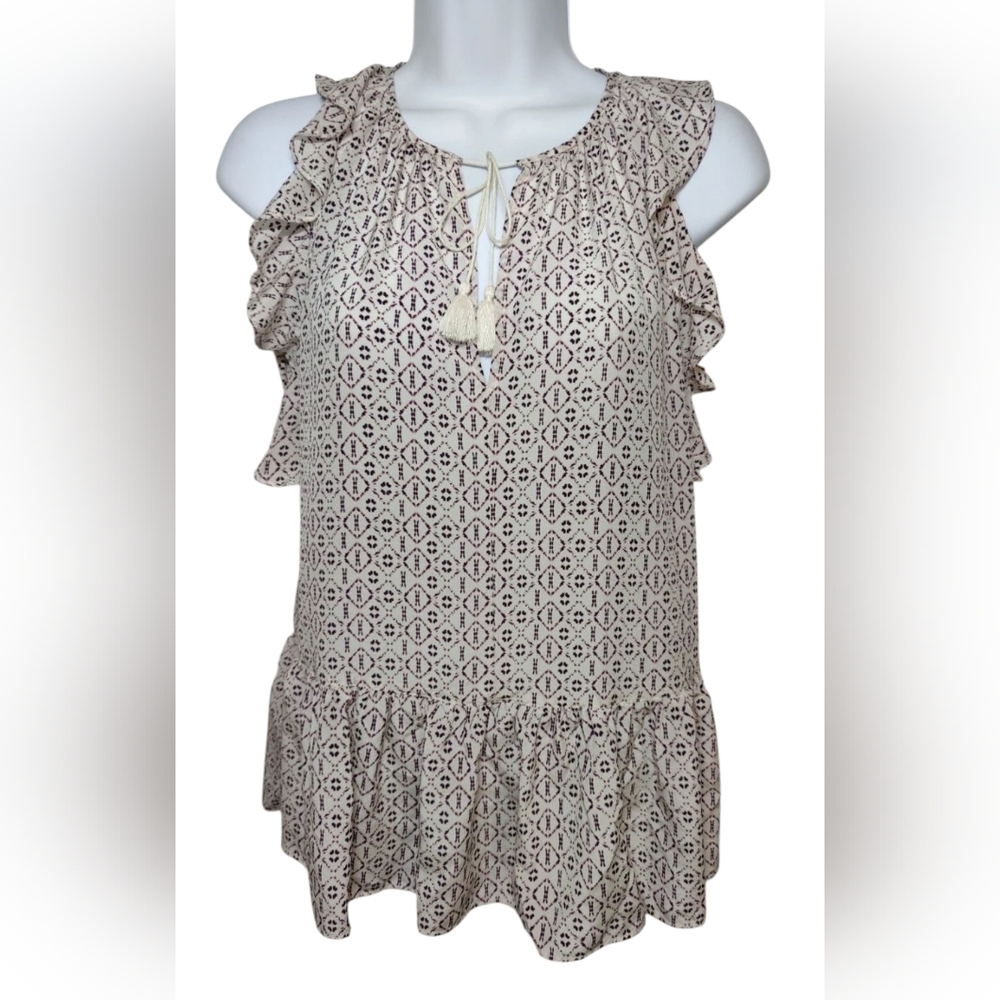 Madewell Pink & Purple Boho Ruffle Blouse Top 100% Silk W‎ Tassel Ties XS NWOT